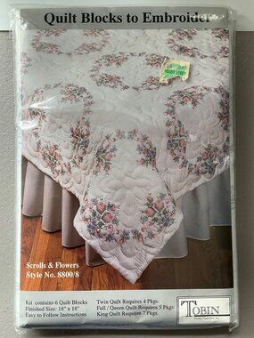 New Sealed Tobin Quilt Blocks To Embroider Kit Scrolls & Flowers Cotton Bl